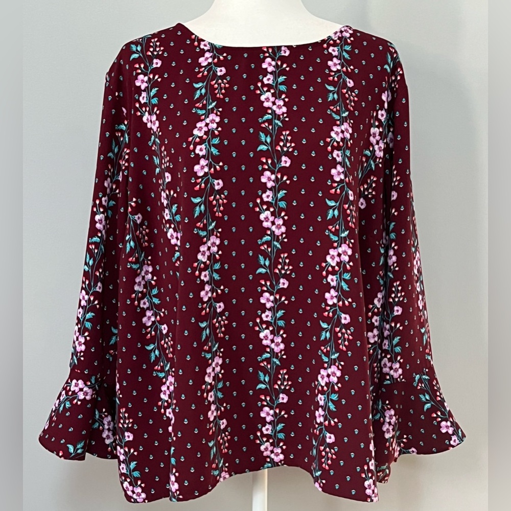 Old Navy Women’s Top Long Bell Sleeve Bergundy Multi Floral Blouse Size‎ XXL